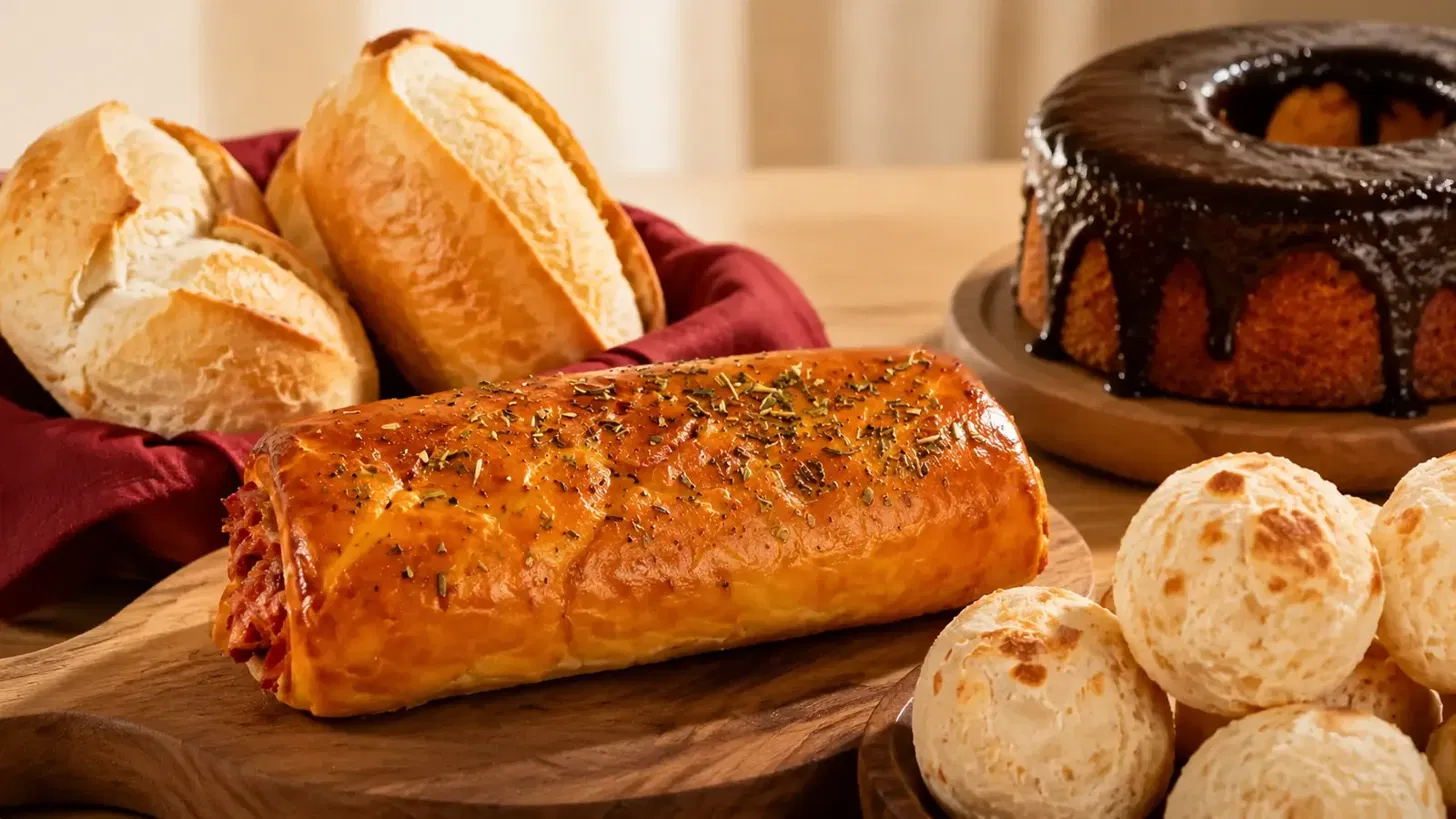 Pães, salgado assado, pão de queijo e bolo de chocolate da Padaria São José